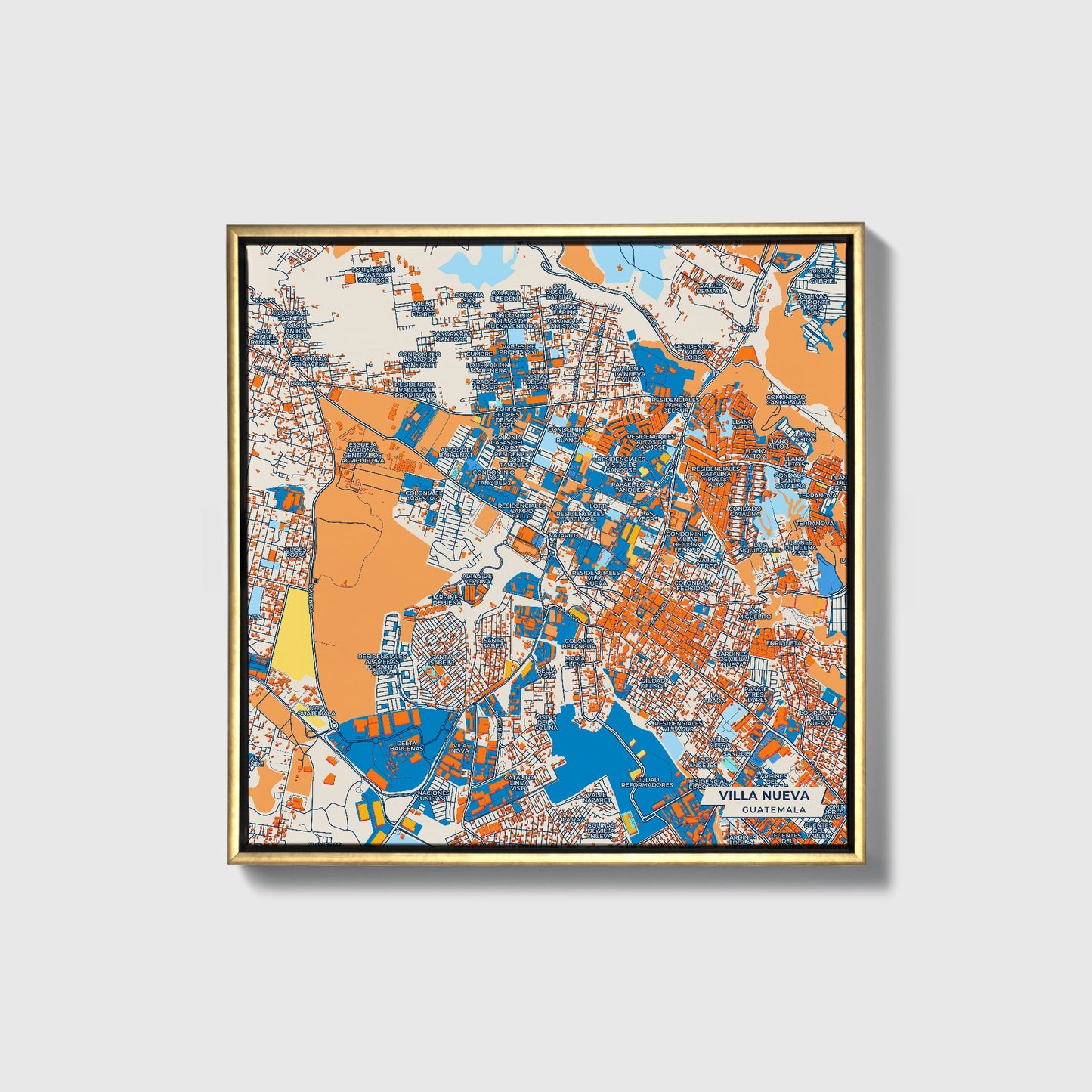 Villa Nueva Guatemala Colorful City Map Canvas Print • Gold Framed
