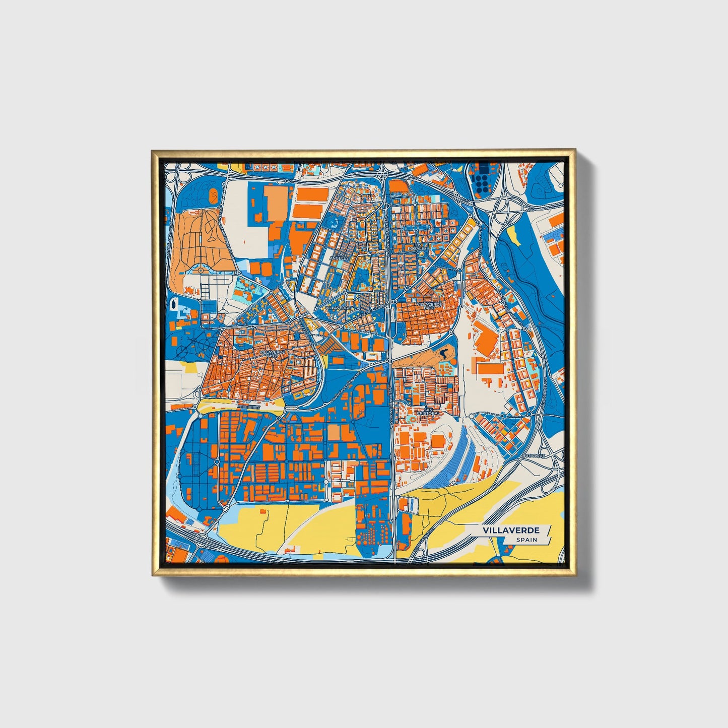 Villaverde Spain Colorful City Map Canvas Print • Gold Framed