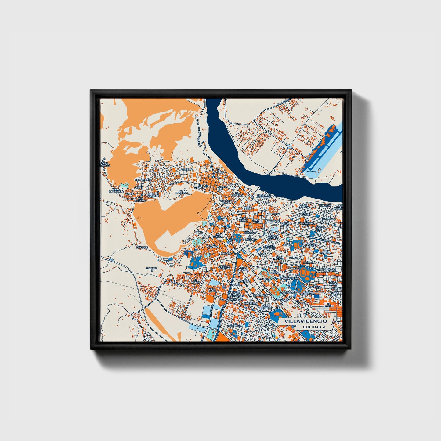 Villavicencio Colombia Colorful City Map Canvas Print • Black Framed
