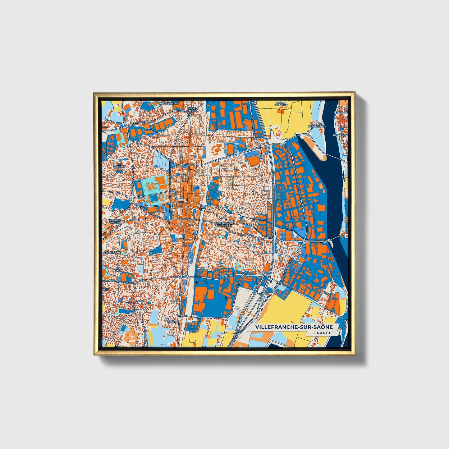 Villefranche-Sur-Saône France Colorful City Map Canvas Print • Gold Framed