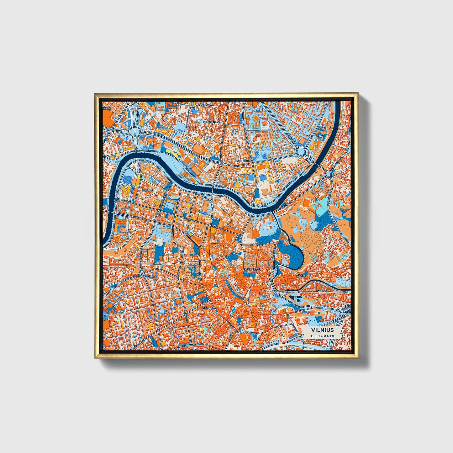 Vilnius Lithuania Colorful City Map Canvas Print • Gold Framed
