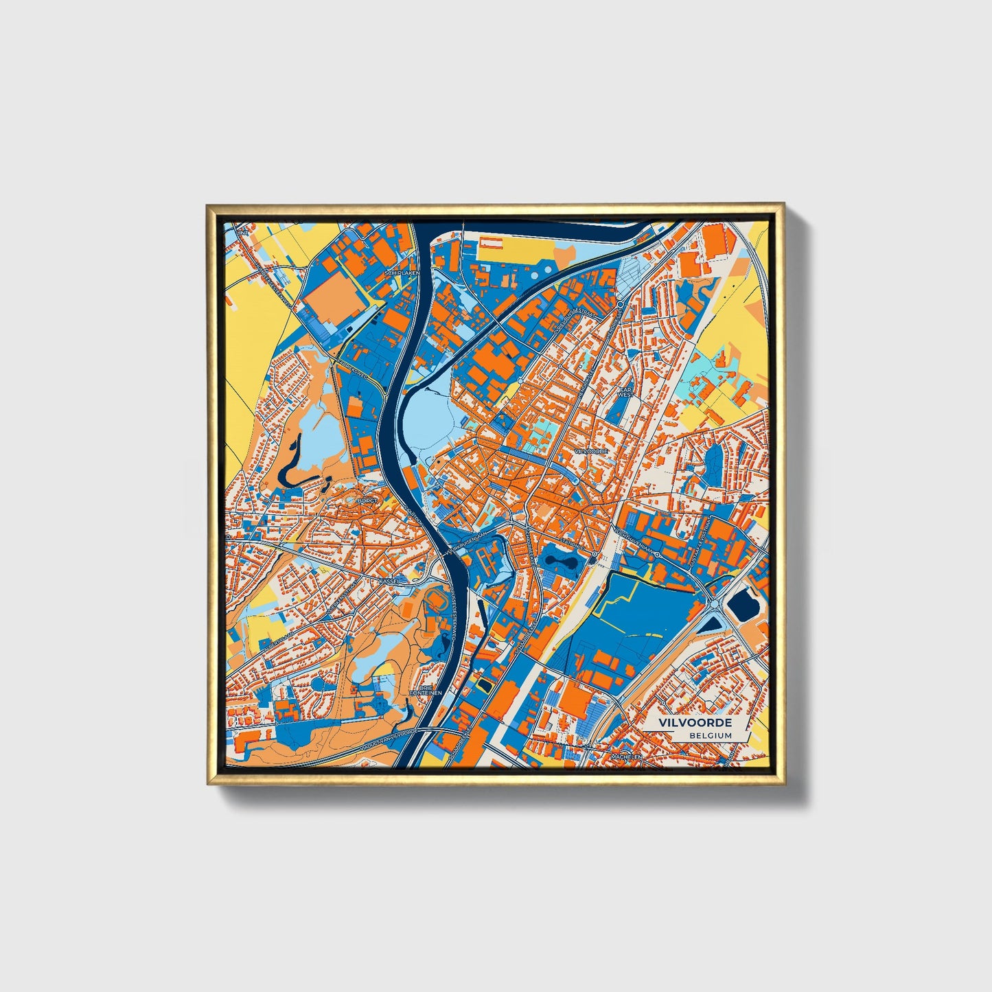Vilvoorde Belgium Colorful City Map Canvas Print • Gold Framed