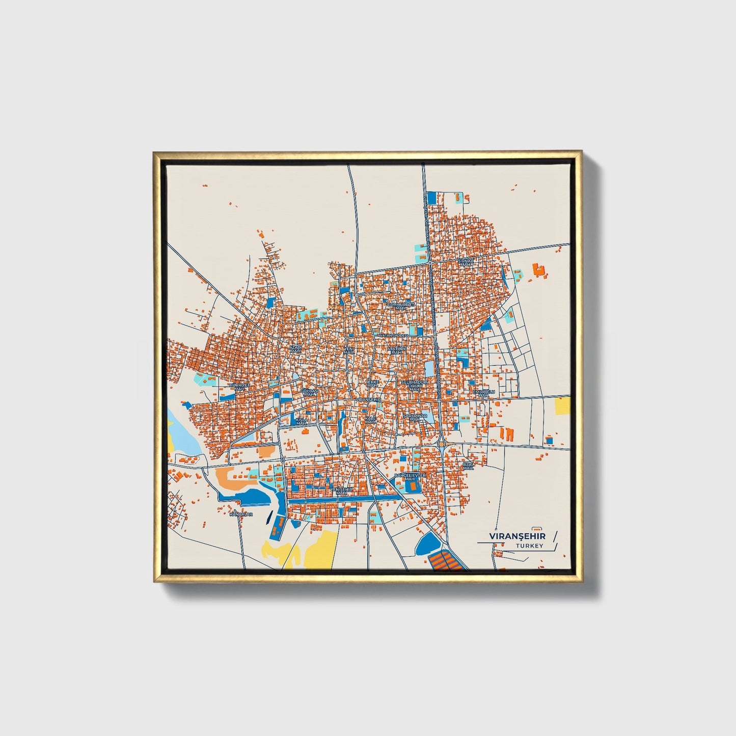 Viranşehir Turkey Colorful City Map Canvas Print • Gold Framed