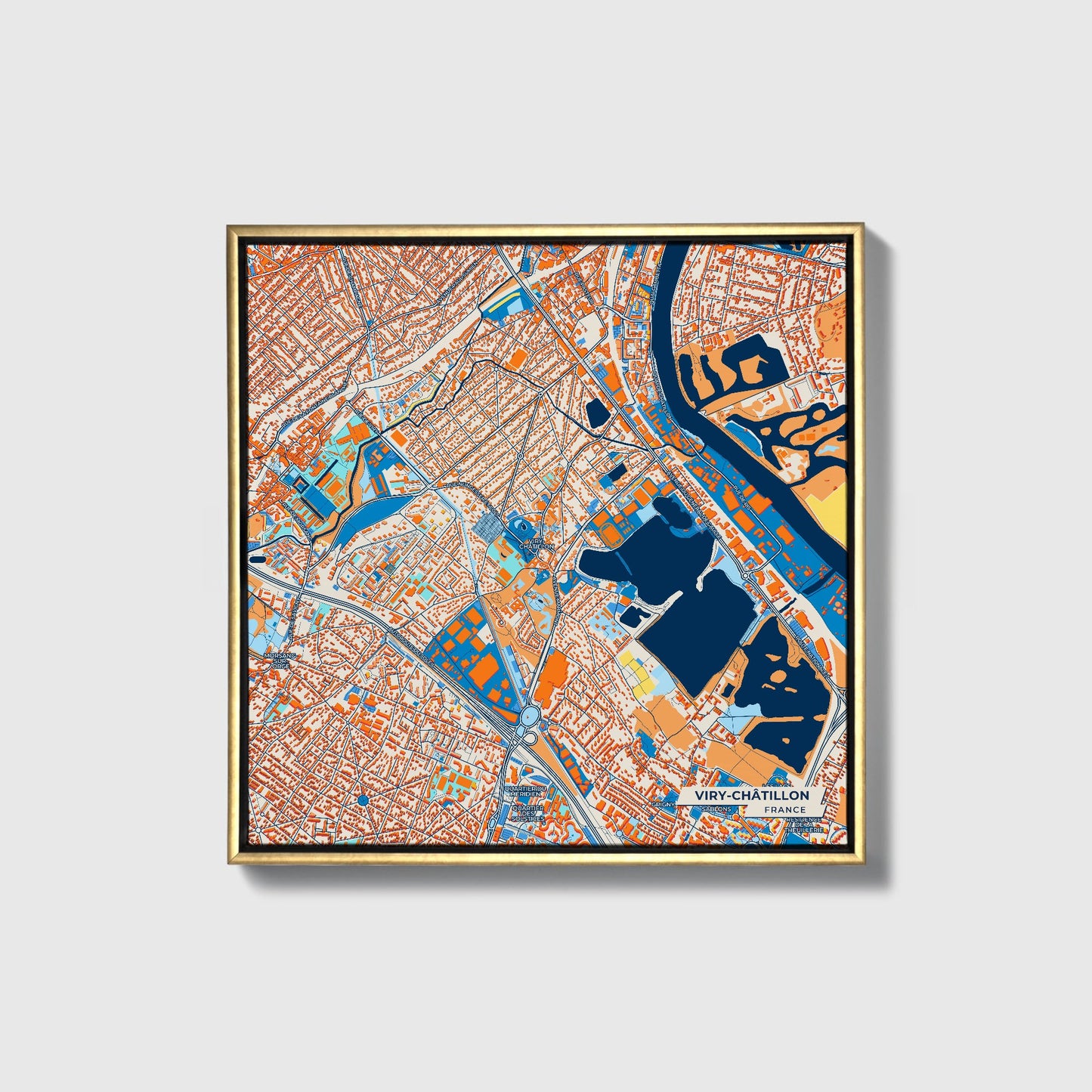 Viry-Châtillon France Colorful City Map Canvas Print • Gold Framed