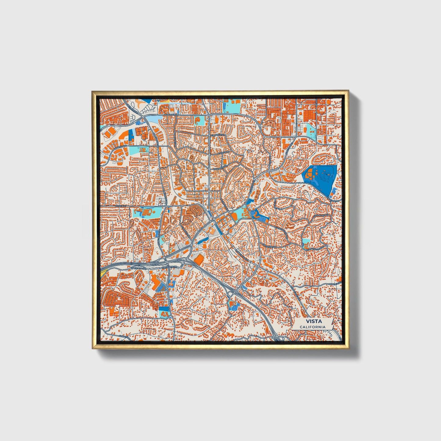 Vista California Colorful City Map Canvas Print • Gold Framed