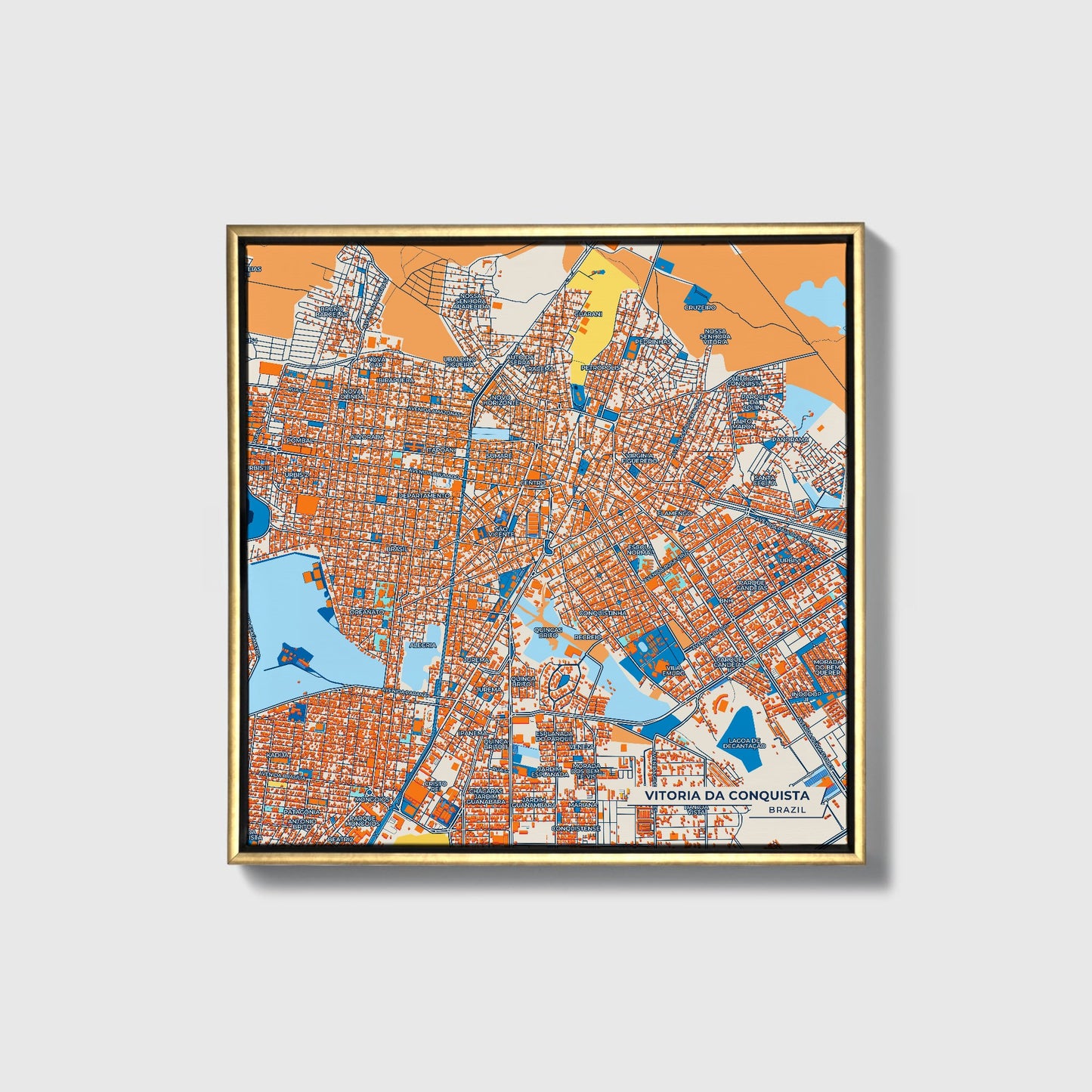 Vitoria Da Conquista Brazil Colorful City Map Canvas Print • Gold Framed