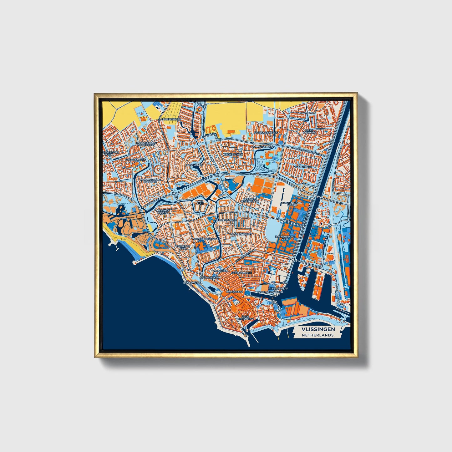 Vlissingen Netherlands Colorful City Map Canvas Print • Gold Framed