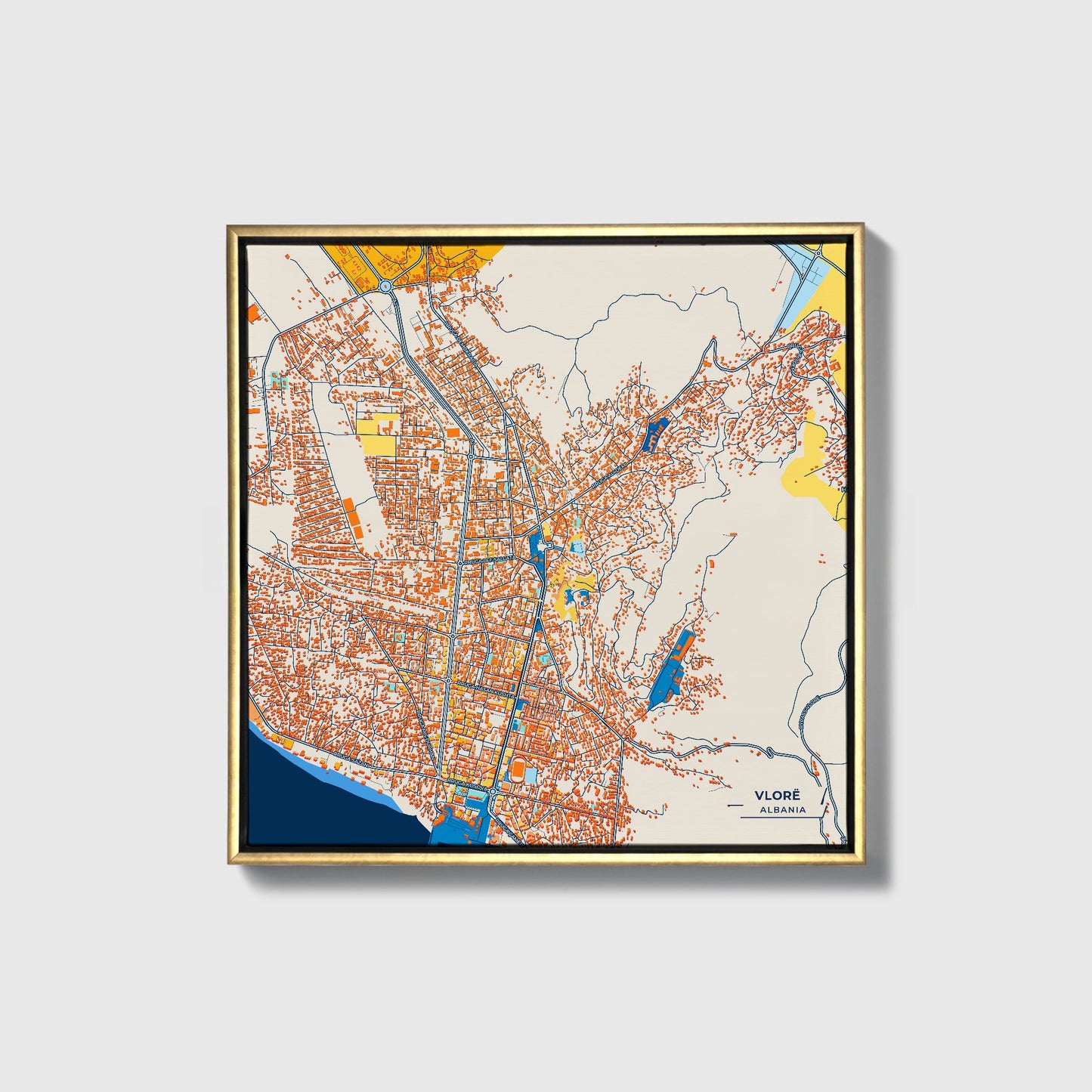 Vlorë Albania Colorful City Map Canvas Print • Gold Framed