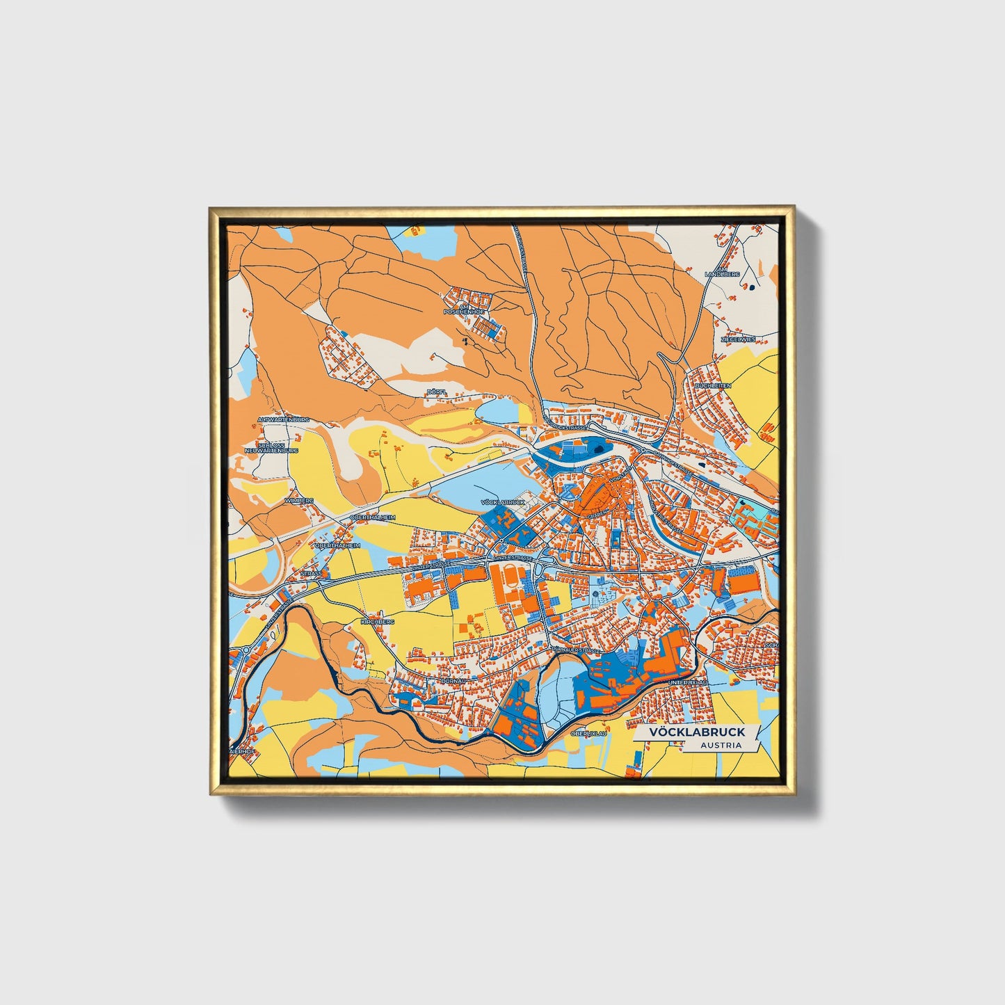 Vöcklabruck Austria Colorful City Map Canvas Print • Gold Framed