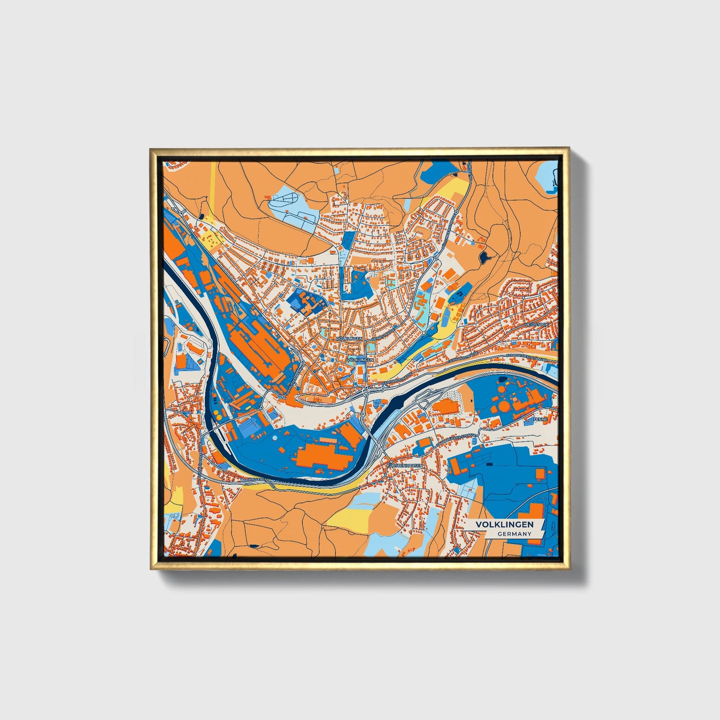 Völklingen Germany Colorful City Map Canvas Print • Gold Framed