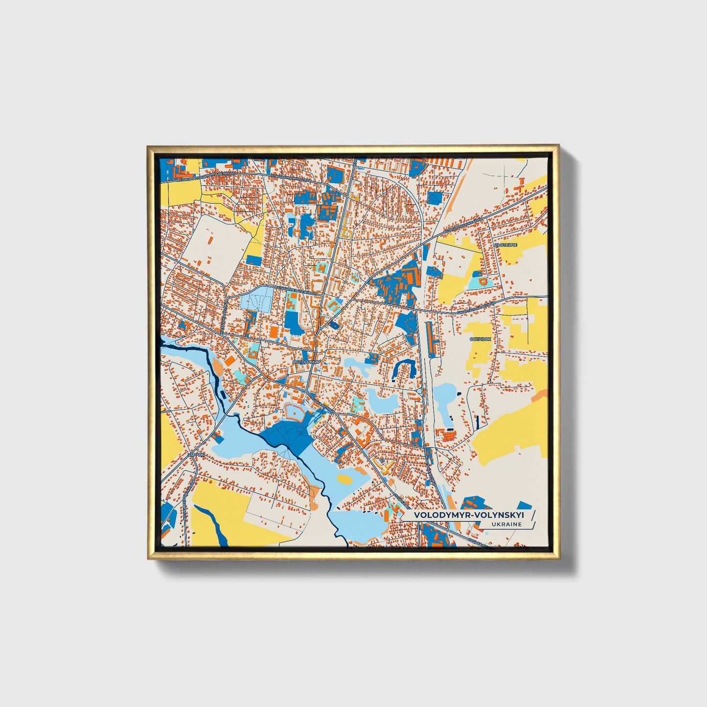 Володимир-Волинський Ukraine Colorful City Map Canvas Print • Gold Framed