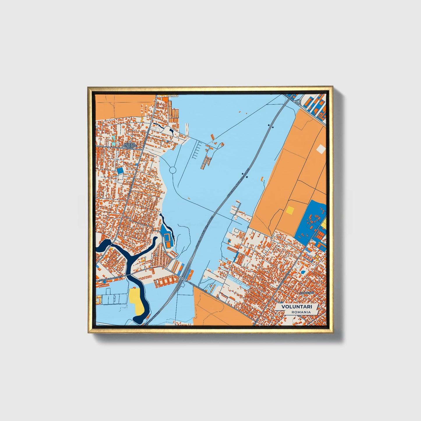 Voluntari Romania Colorful City Map Canvas Print • Gold Framed