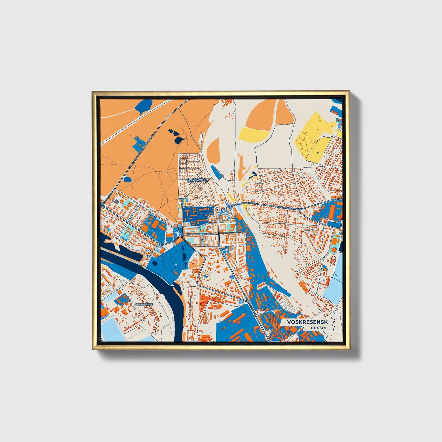 Воскресенске Russia Colorful City Map Canvas Print • Gold Framed