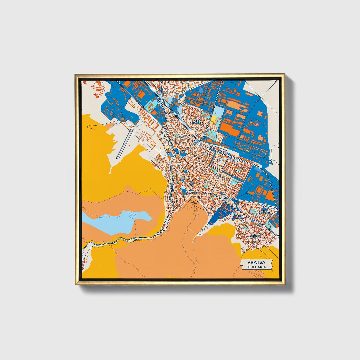 Враца Bulgaria Colorful City Map Canvas Print • Gold Framed