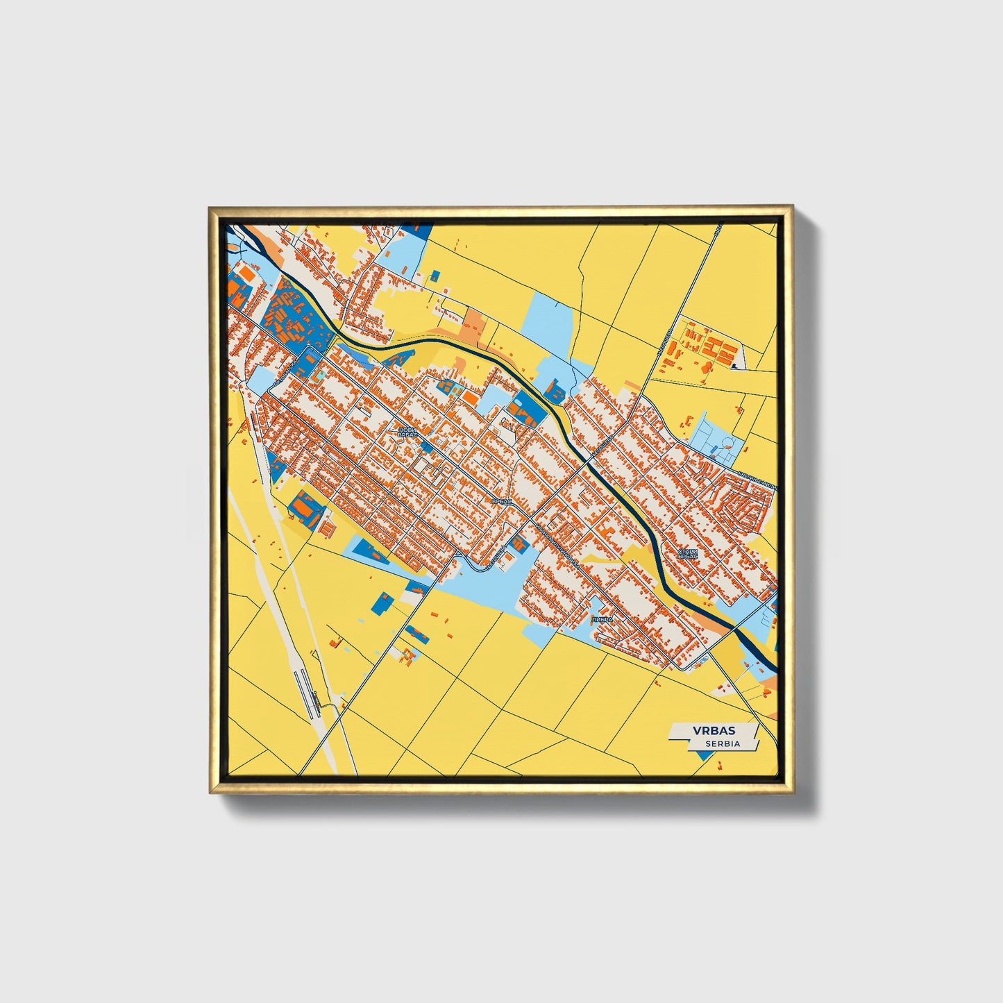 Врбас Serbia Colorful City Map Canvas Print • Gold Framed