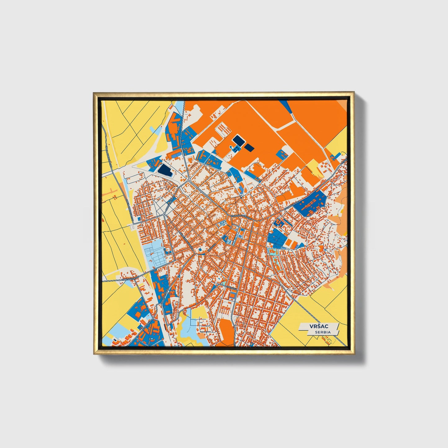 Вршац Serbia Colorful City Map Canvas Print • Gold Framed