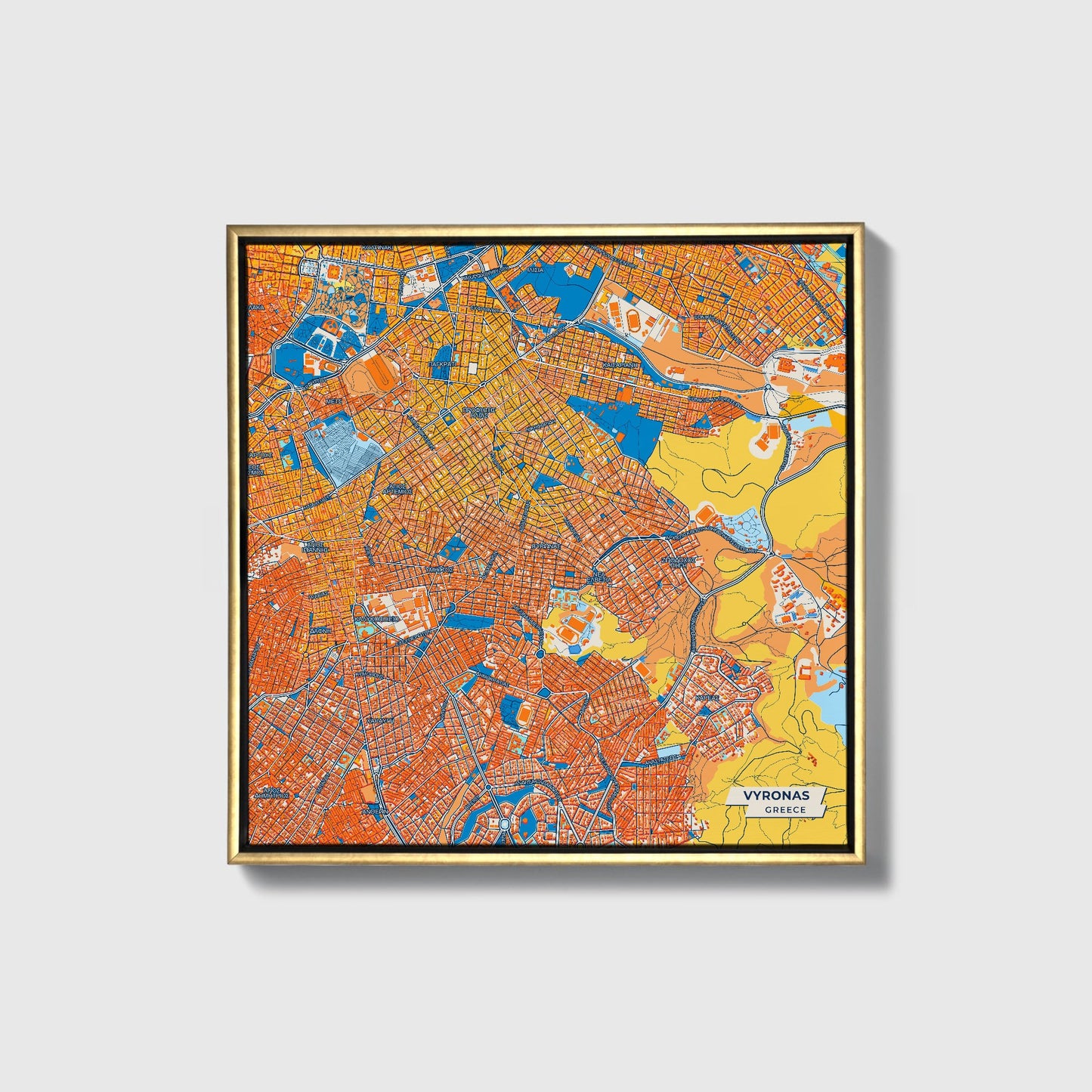 Βυρονας Greece Colorful City Map Canvas Print • Gold Framed