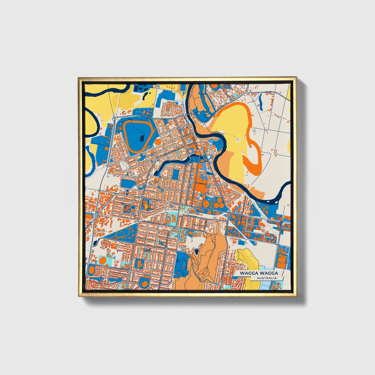 Wagga Wagga Australia Colorful City Map Canvas Print • Gold Framed