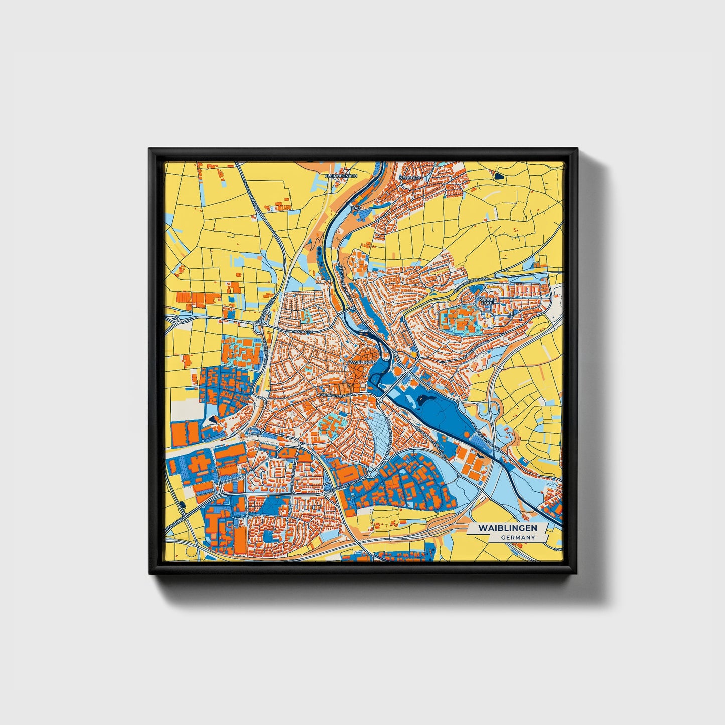 Waiblingen Germany Colorful City Map Canvas Print • Black Framed