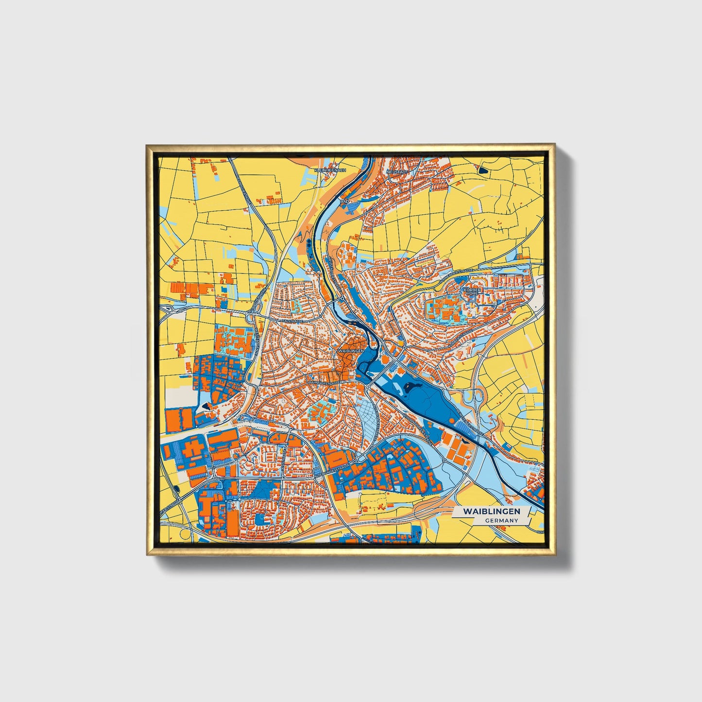 Waiblingen Germany Colorful City Map Canvas Print • Gold Framed