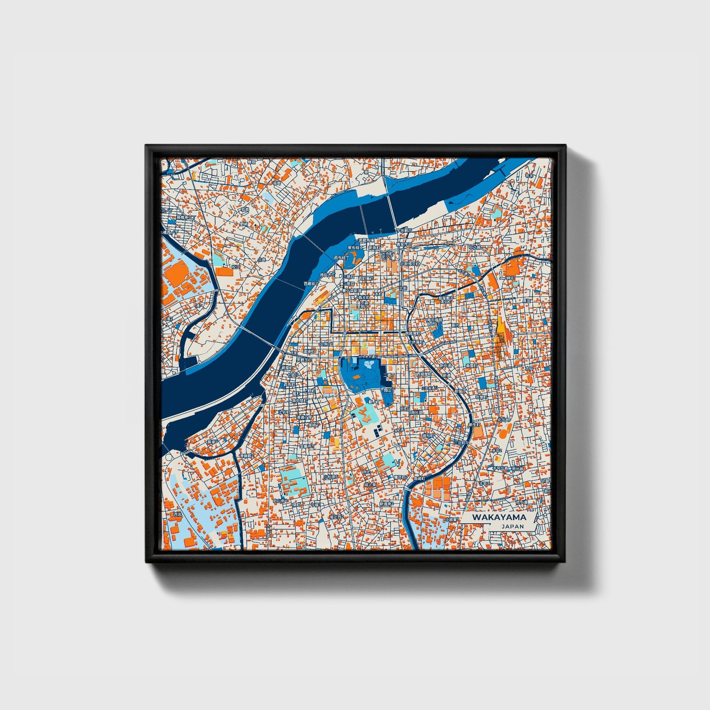 Wakayama Japan Colorful City Map Canvas Print • Black Framed