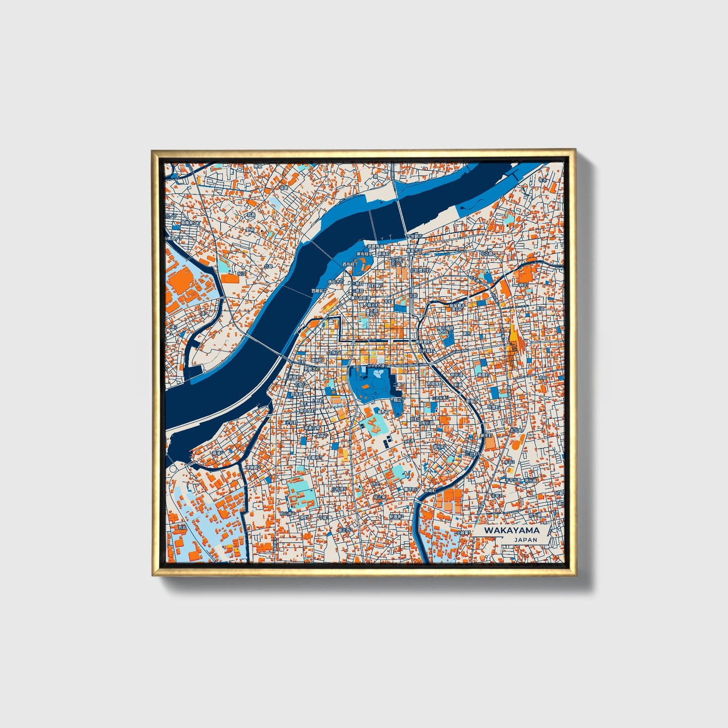 Wakayama Japan Colorful City Map Canvas Print • Gold Framed
