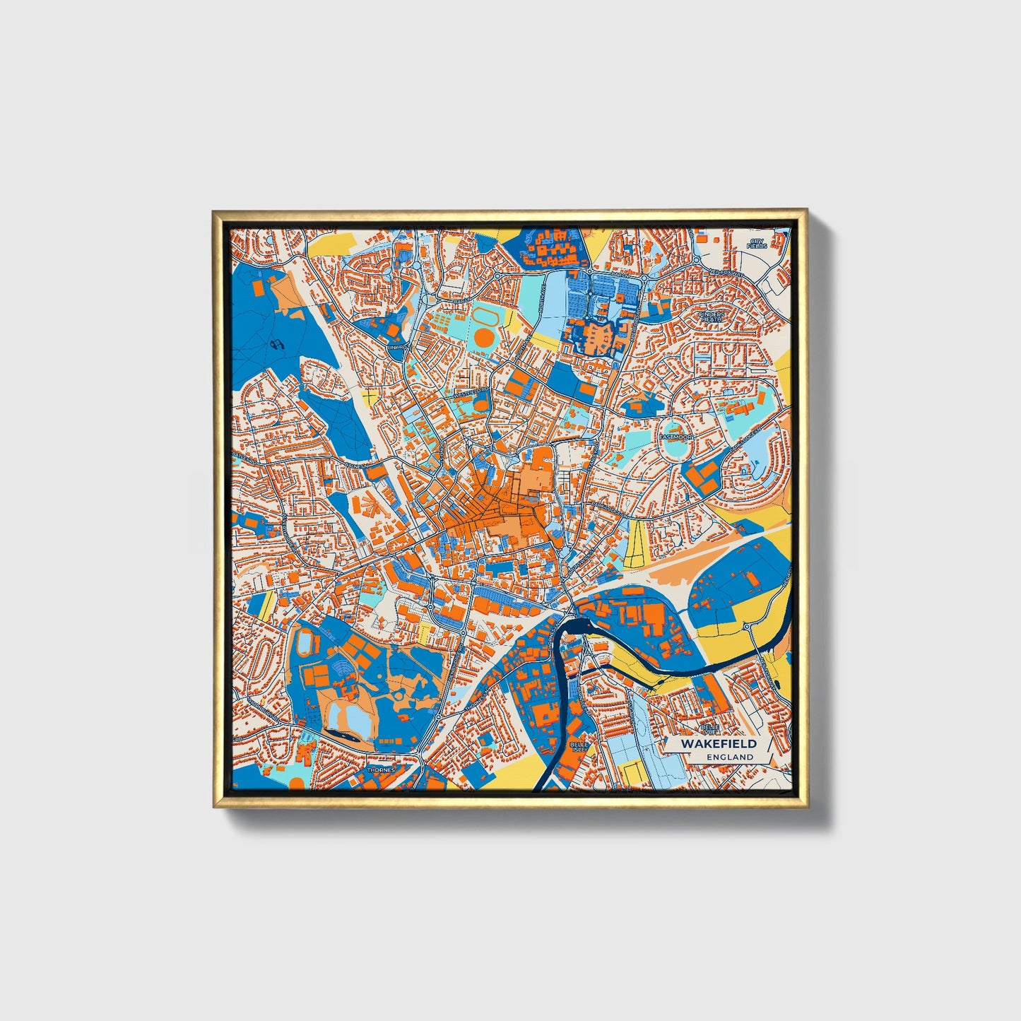 Wakefield England Colorful City Map Canvas Print • Gold Framed