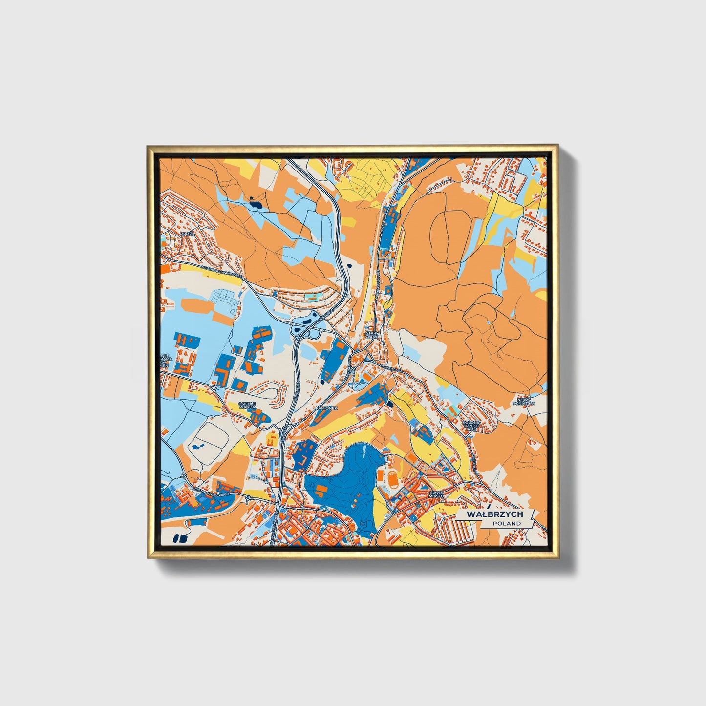 Wałbrzych Poland Colorful City Map Canvas Print • Gold Framed
