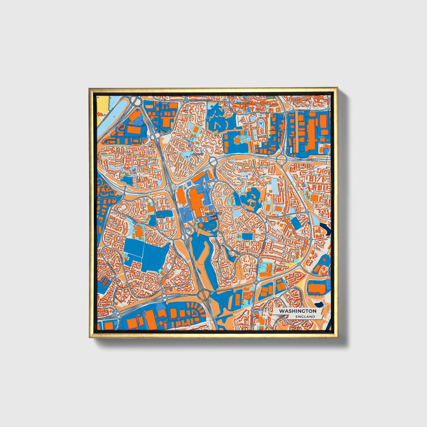 Washington England Colorful City Map Canvas Print • Gold Framed