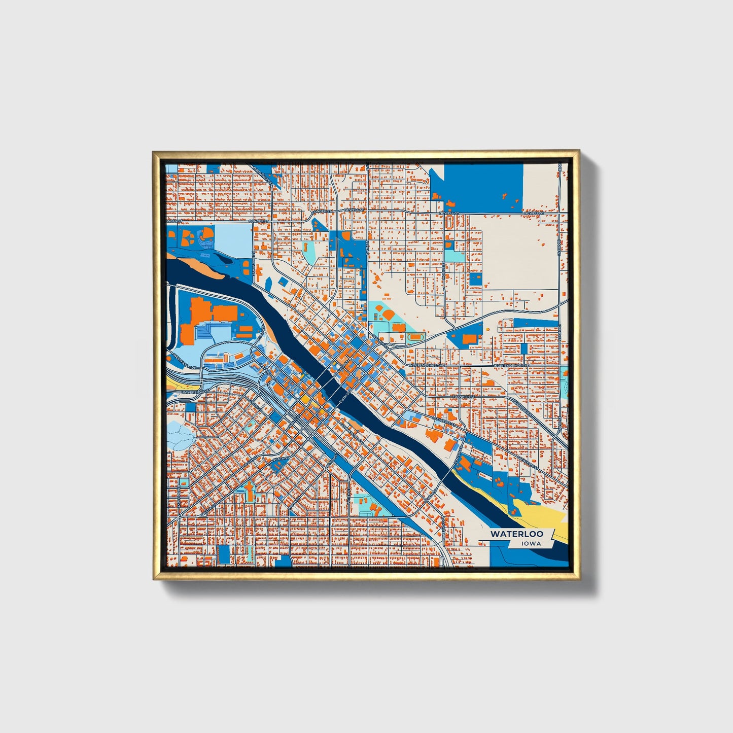 Waterloo Iowa Colorful City Map Canvas Print • Gold Framed