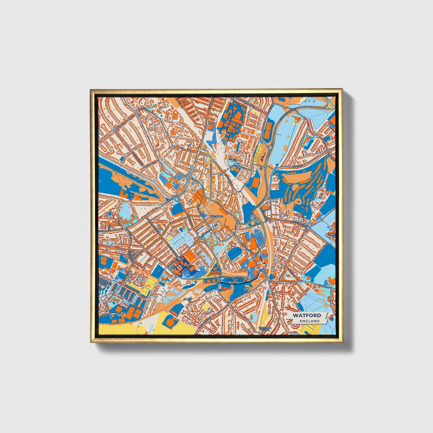 Watford England Colorful City Map Canvas Print • Gold Framed