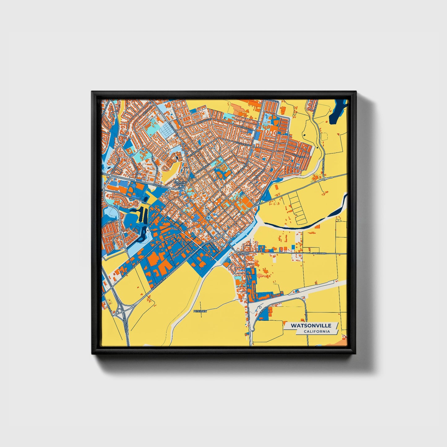 Watsonville California Colorful City Map Canvas Print • Black Framed