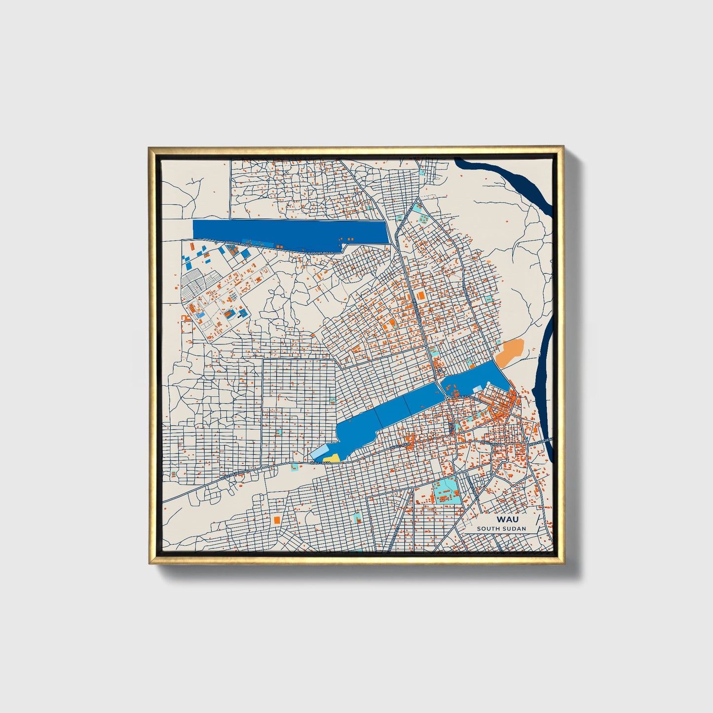 Wau South Sudan Colorful City Map Canvas Print • Gold Framed