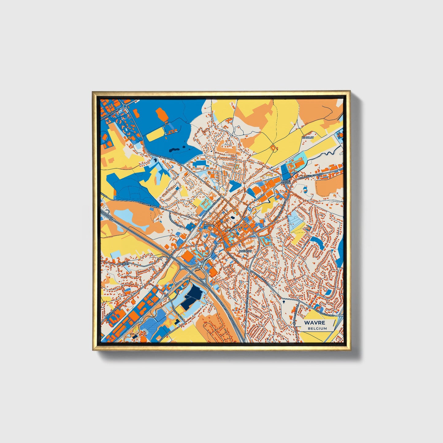 Wavre Belgium Colorful City Map Canvas Print • Gold Framed