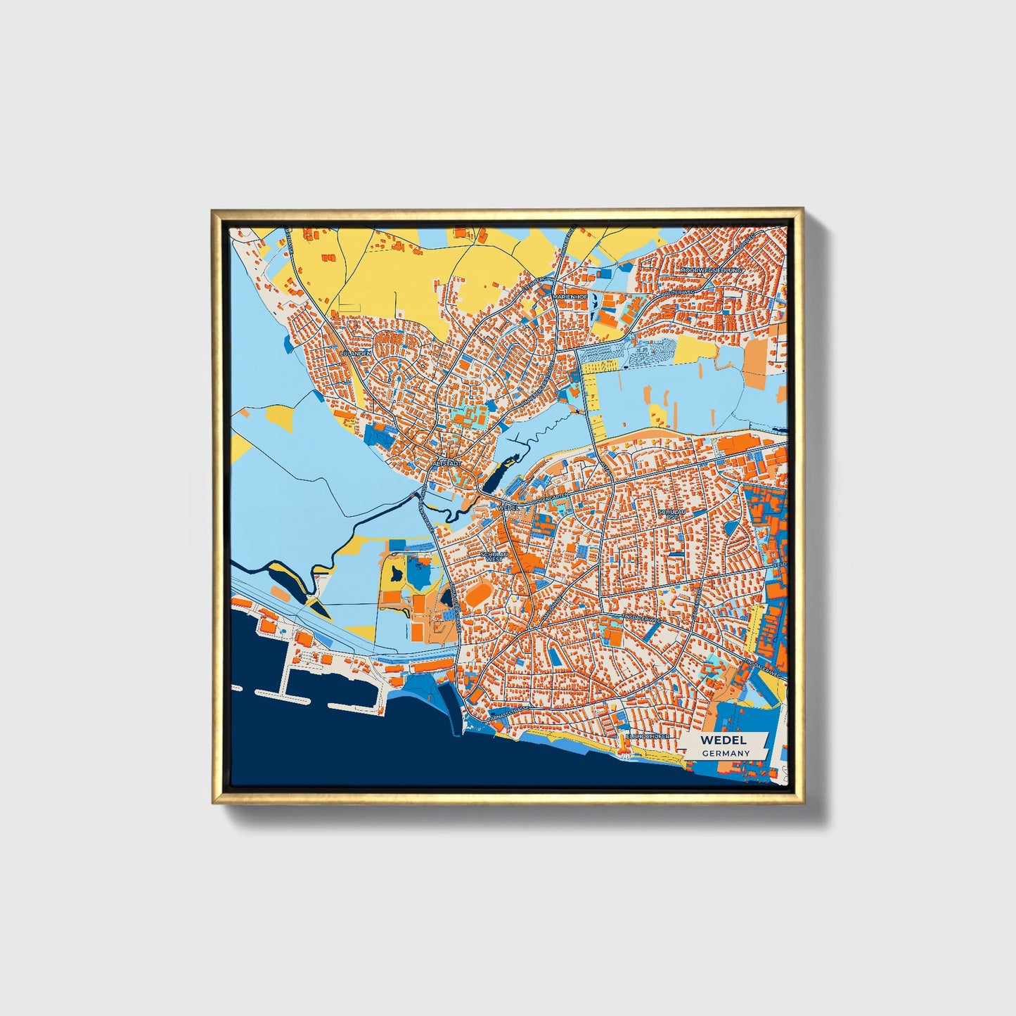 Wedel Germany Colorful City Map Canvas Print • Gold Framed