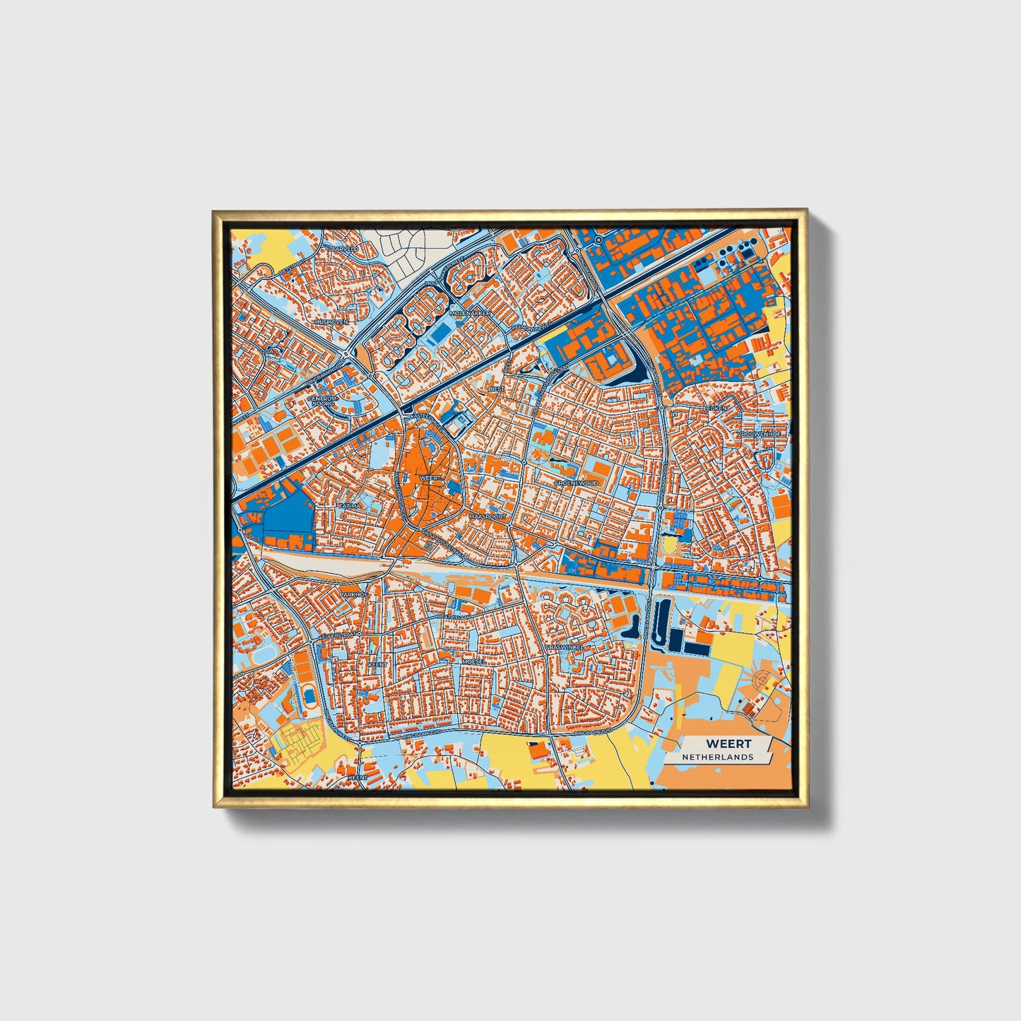 Weert Netherlands Colorful City Map Canvas Print • Gold Framed