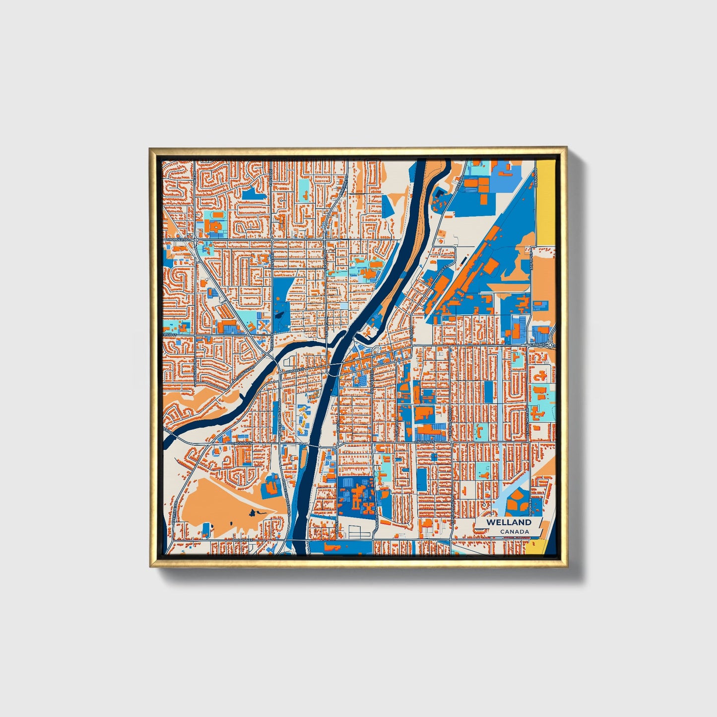 Welland Canada Colorful City Map Canvas Print • Gold Framed