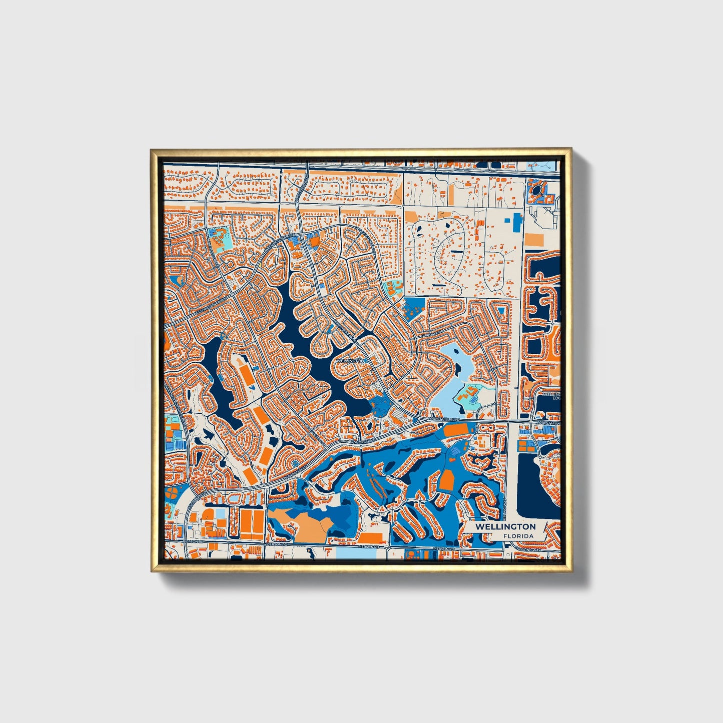 Wellington Florida Colorful City Map Canvas Print • Gold Framed