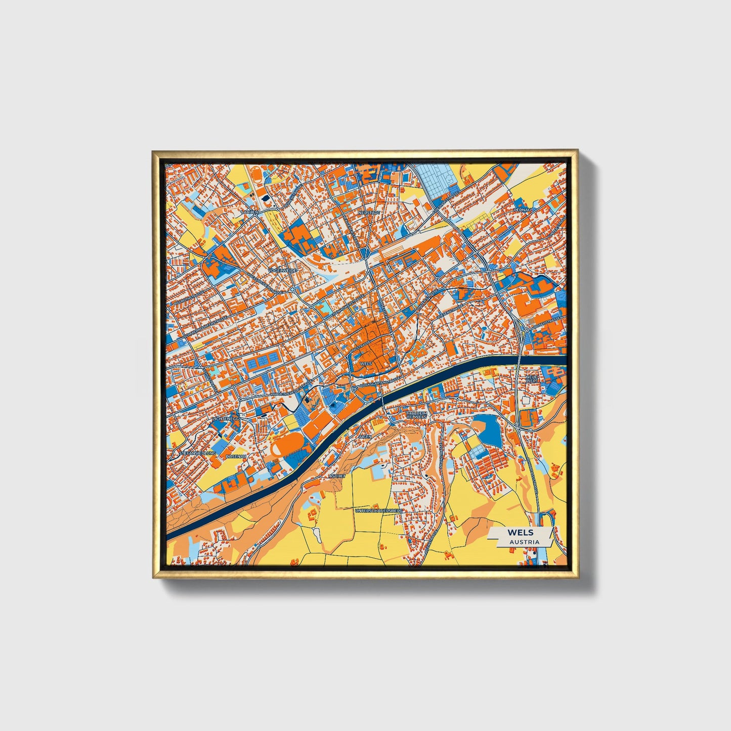 Wels Austria Colorful City Map Canvas Print • Gold Framed