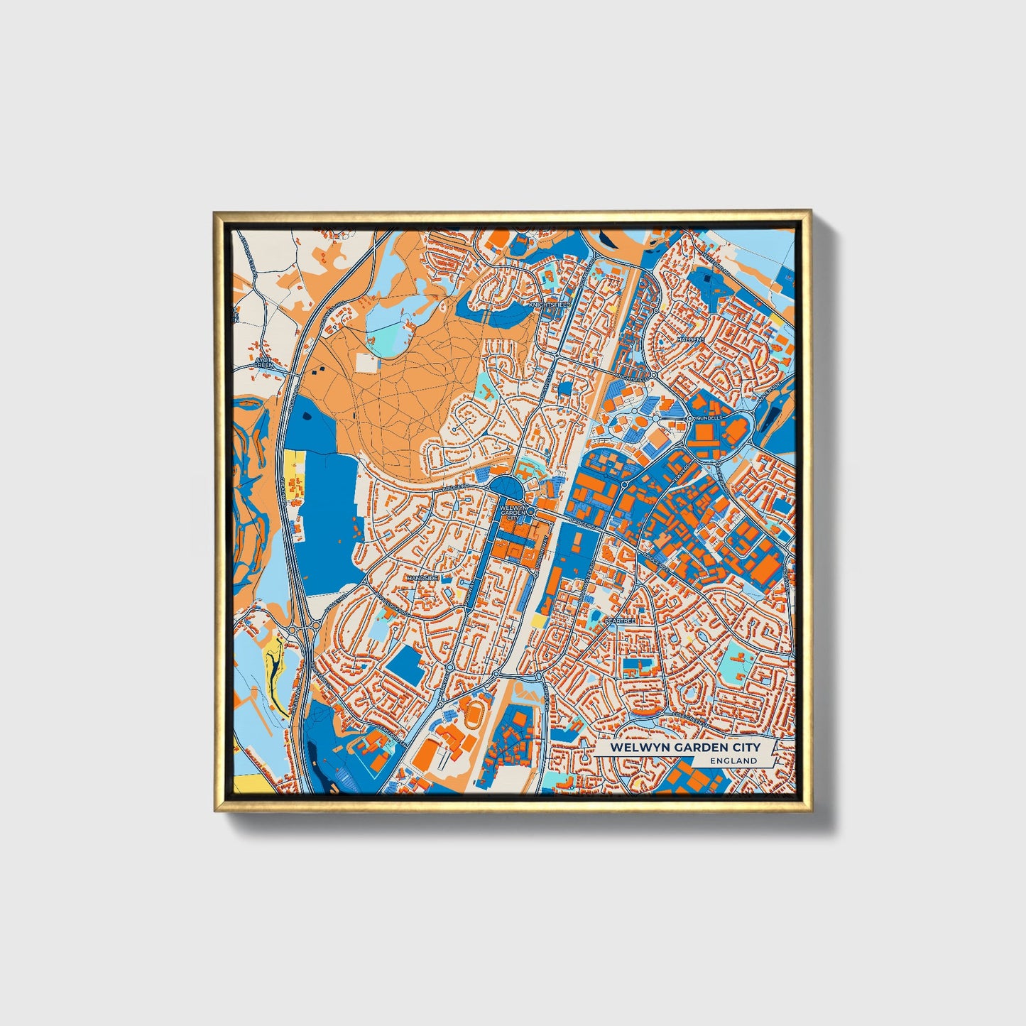 Welwyn Garden City England Colorful City Map Canvas Print • Gold Framed