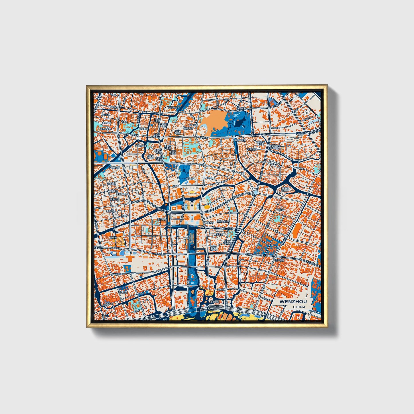 Wenzhou China Colorful City Map Canvas Print • Gold Framed