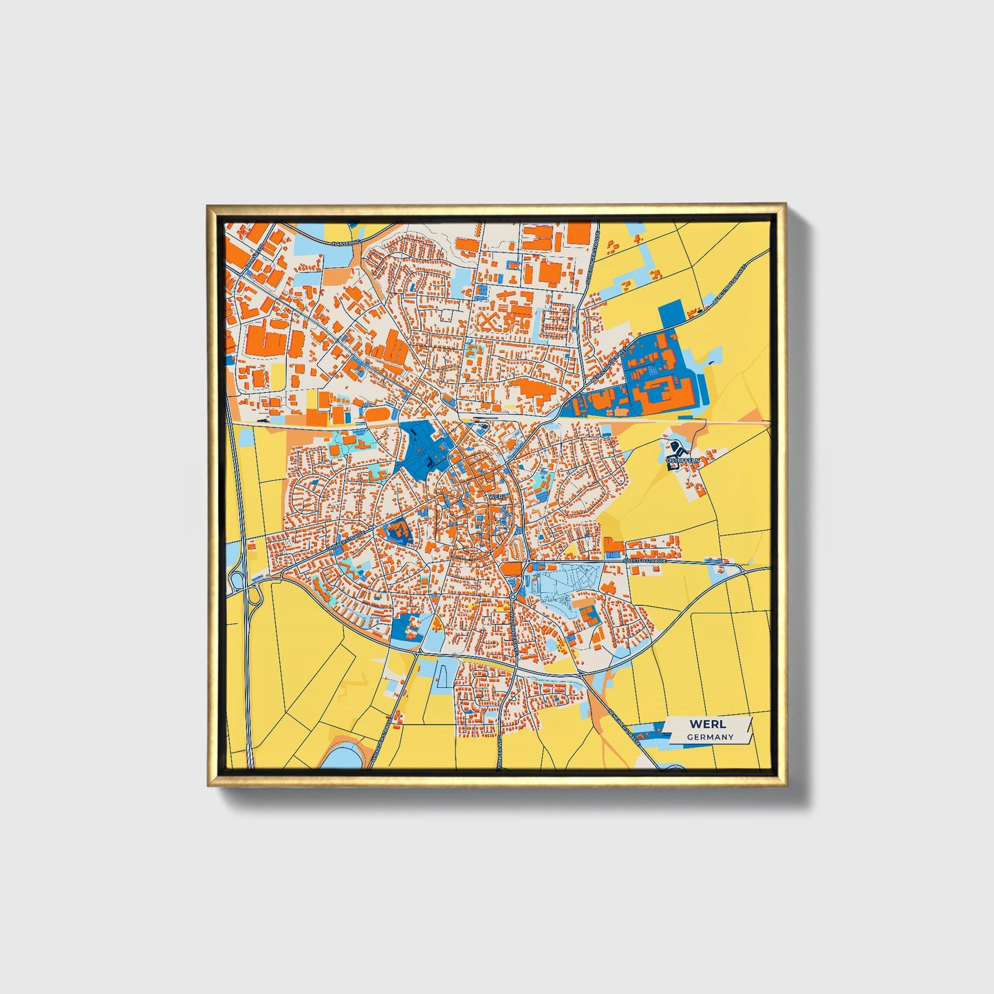 Werl Germany Colorful City Map Canvas Print • Gold Framed