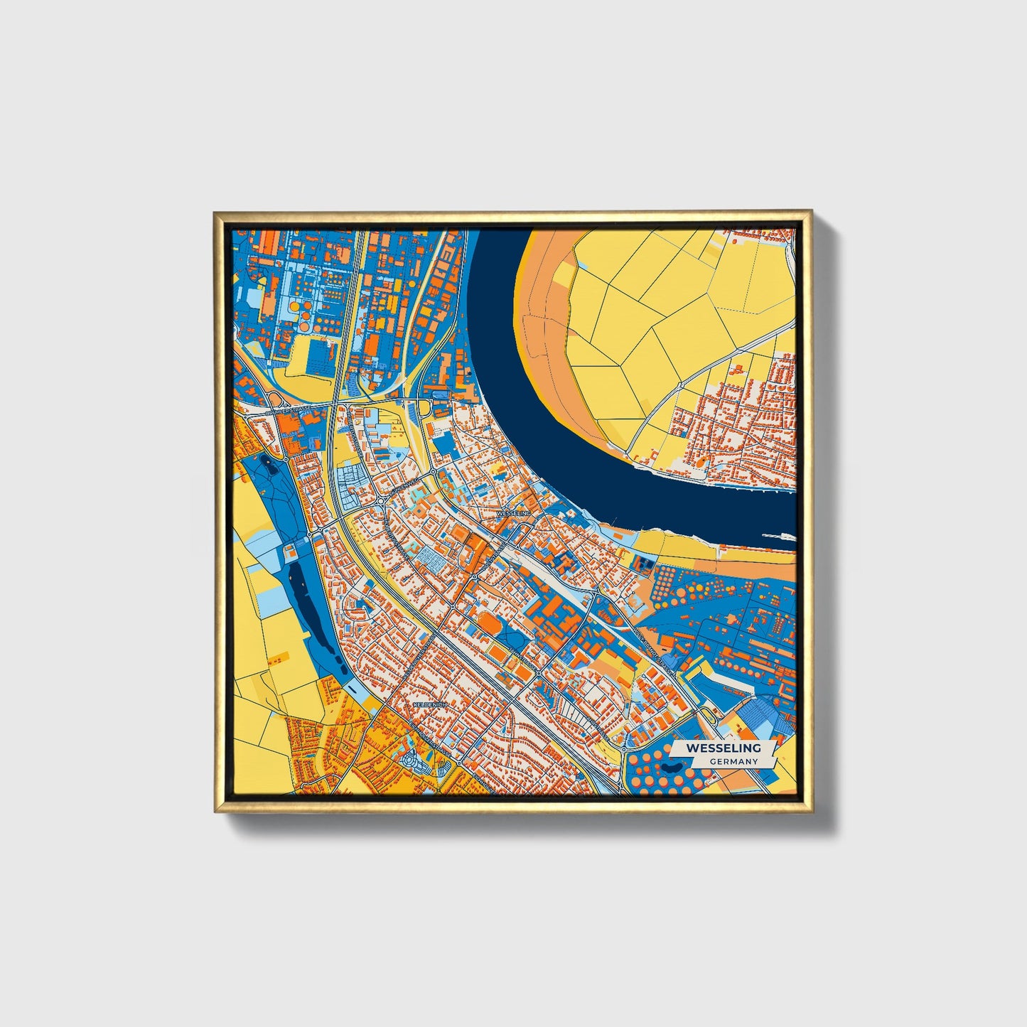 Wesseling Germany Colorful City Map Canvas Print • Gold Framed