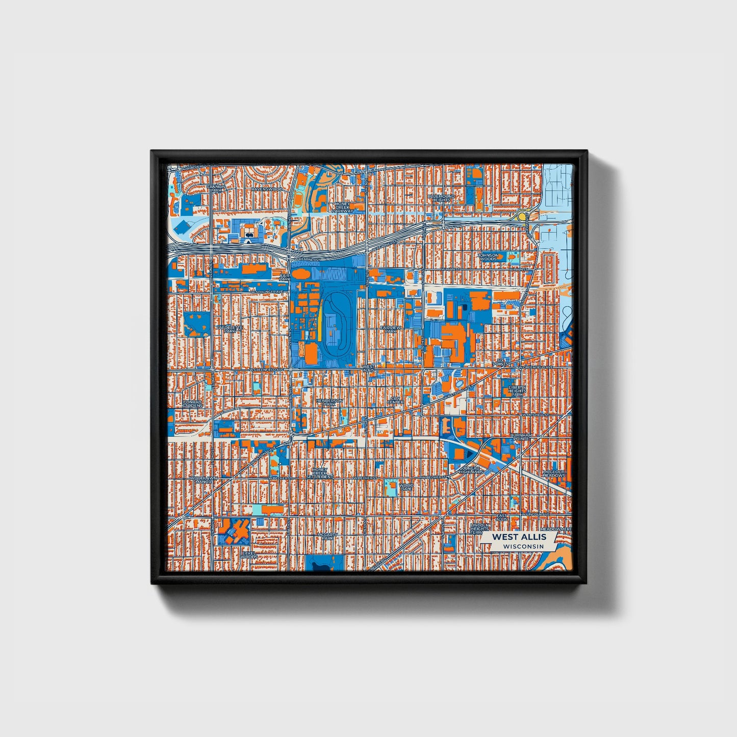 West Allis Wisconsin Colorful City Map Canvas Print • Black Framed