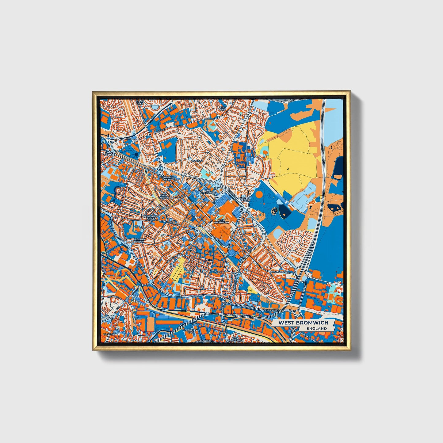 West Bromwich England Colorful City Map Canvas Print • Gold Framed