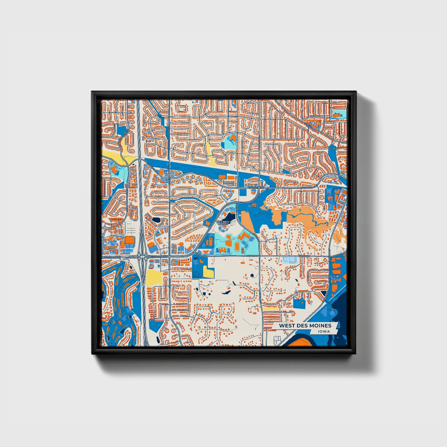 West Des Moines Iowa Colorful City Map Canvas Print • Black Framed