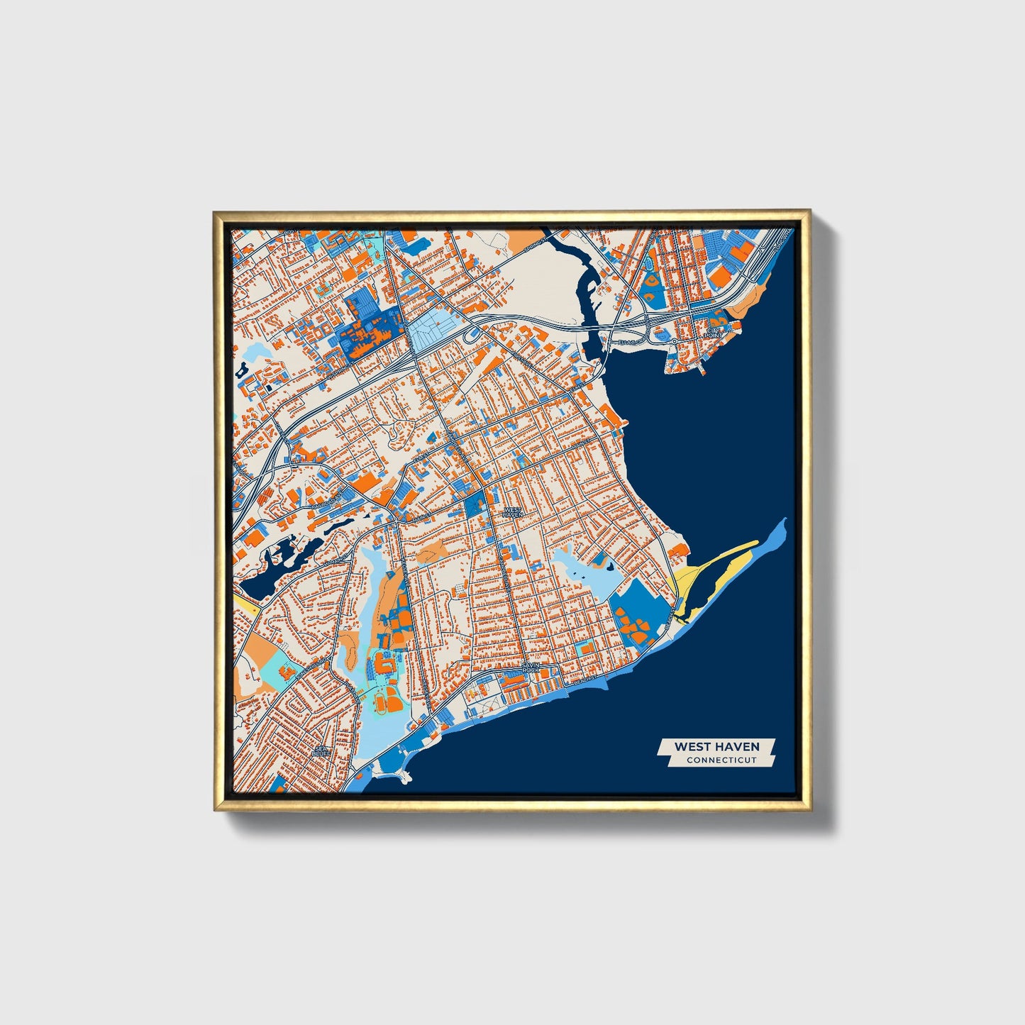 West Haven Connecticut Colorful City Map Canvas Print • Gold Framed