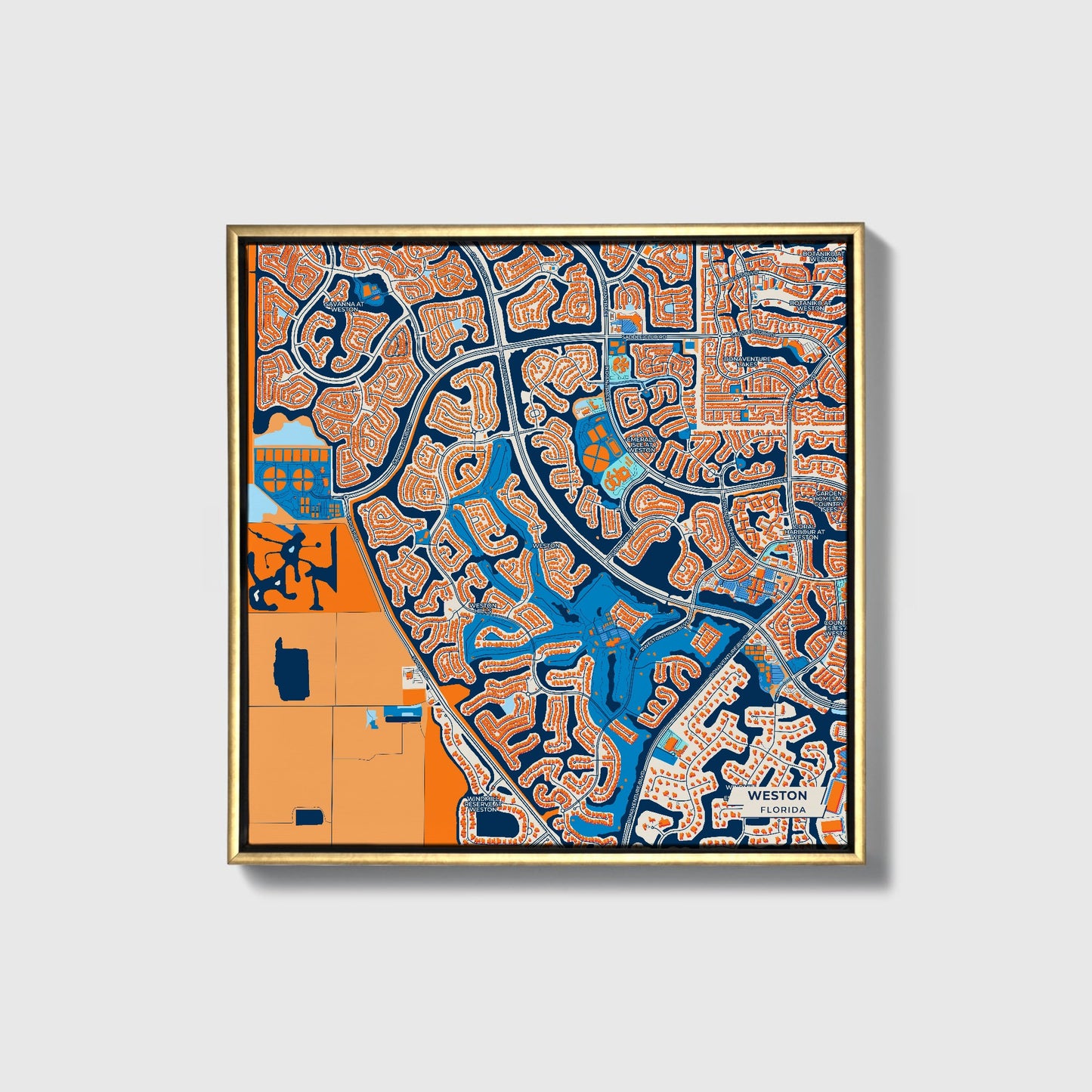 Weston Florida Colorful City Map Canvas Print • Gold Framed
