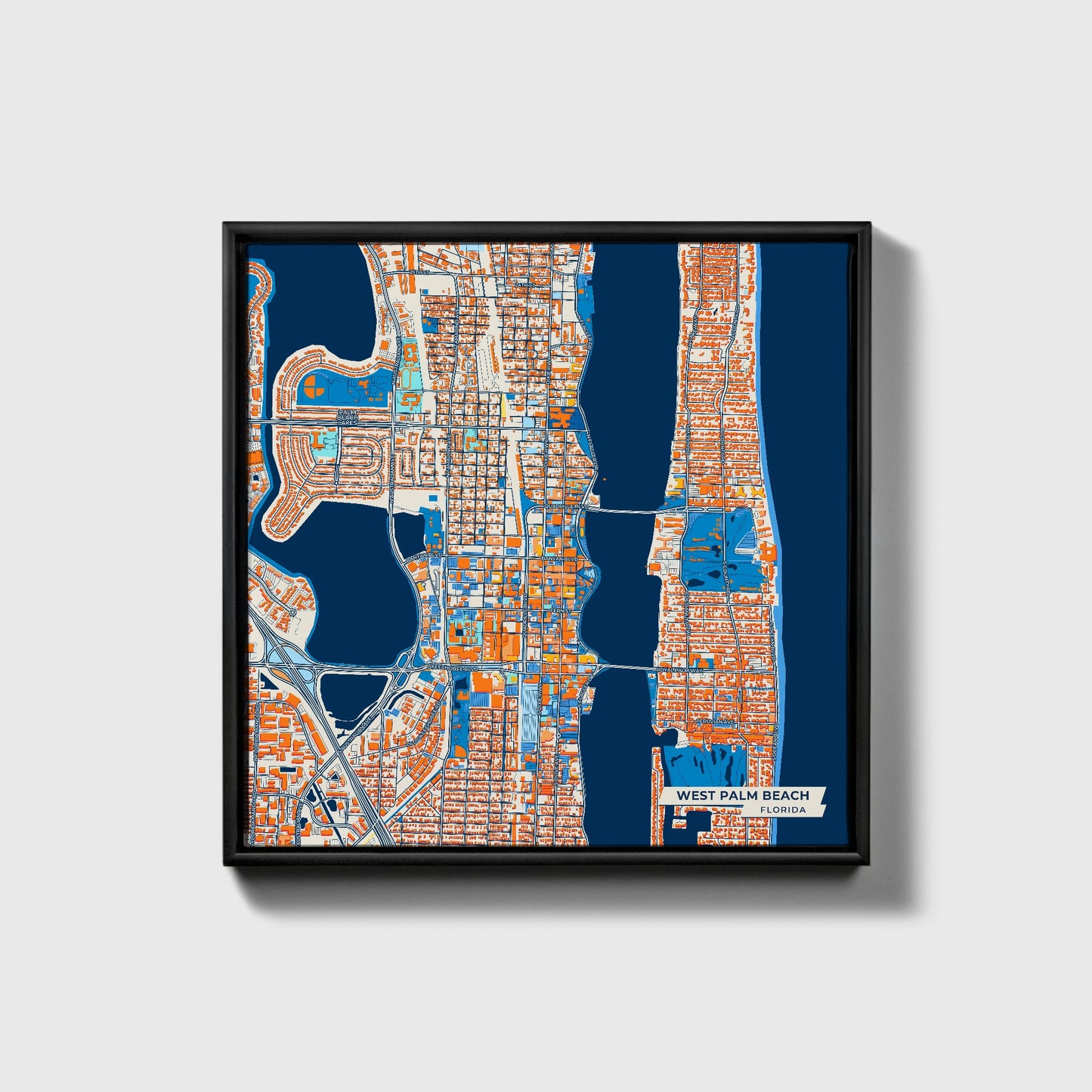 West Palm Beach Florida Colorful City Map Canvas Print • Black Framed