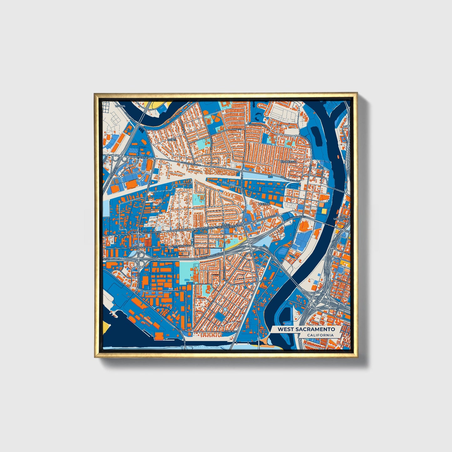 West Sacramento California Colorful City Map Canvas Print • Gold Framed